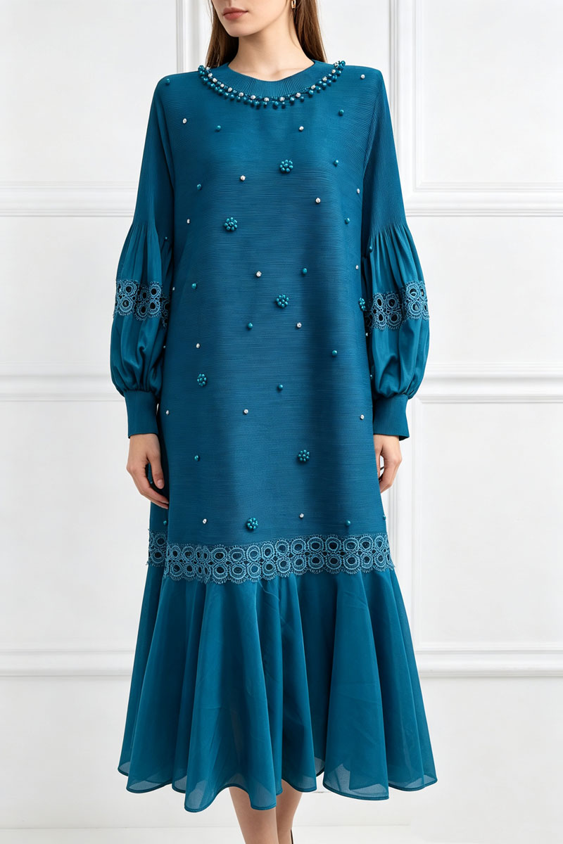 Loose elegant lace spring rhinestone fold dress