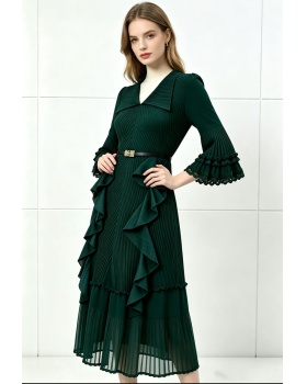 Loose pinched waist lapel long dress lotus leaf edges fold dress