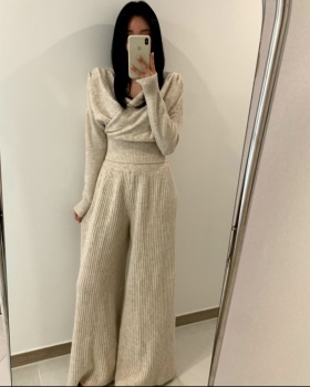 V-neck casual pants wide leg sweater 2pcs set
