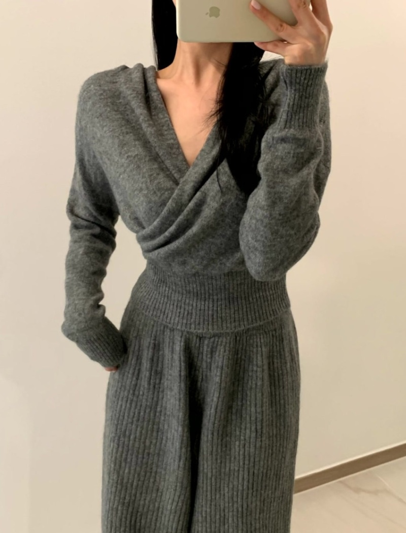 V-neck casual pants wide leg sweater 2pcs set