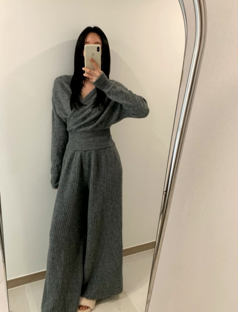 V-neck casual pants wide leg sweater 2pcs set