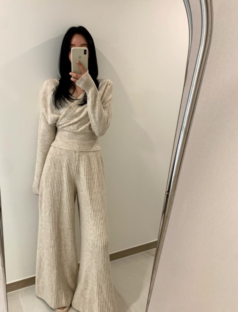 V-neck casual pants wide leg sweater 2pcs set