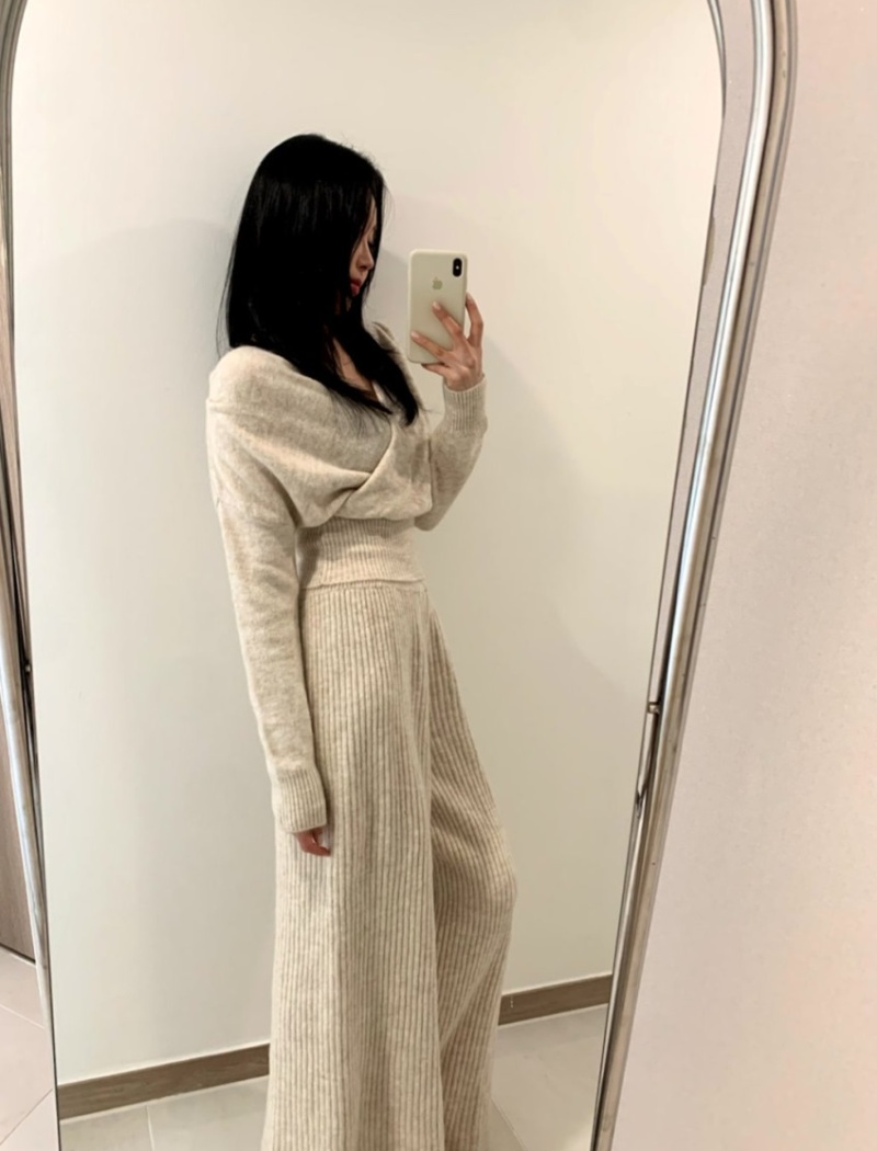 V-neck casual pants wide leg sweater 2pcs set