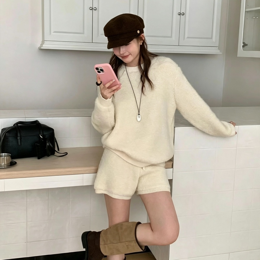 Korean style mohair shorts lazy sweater 2pcs set for women