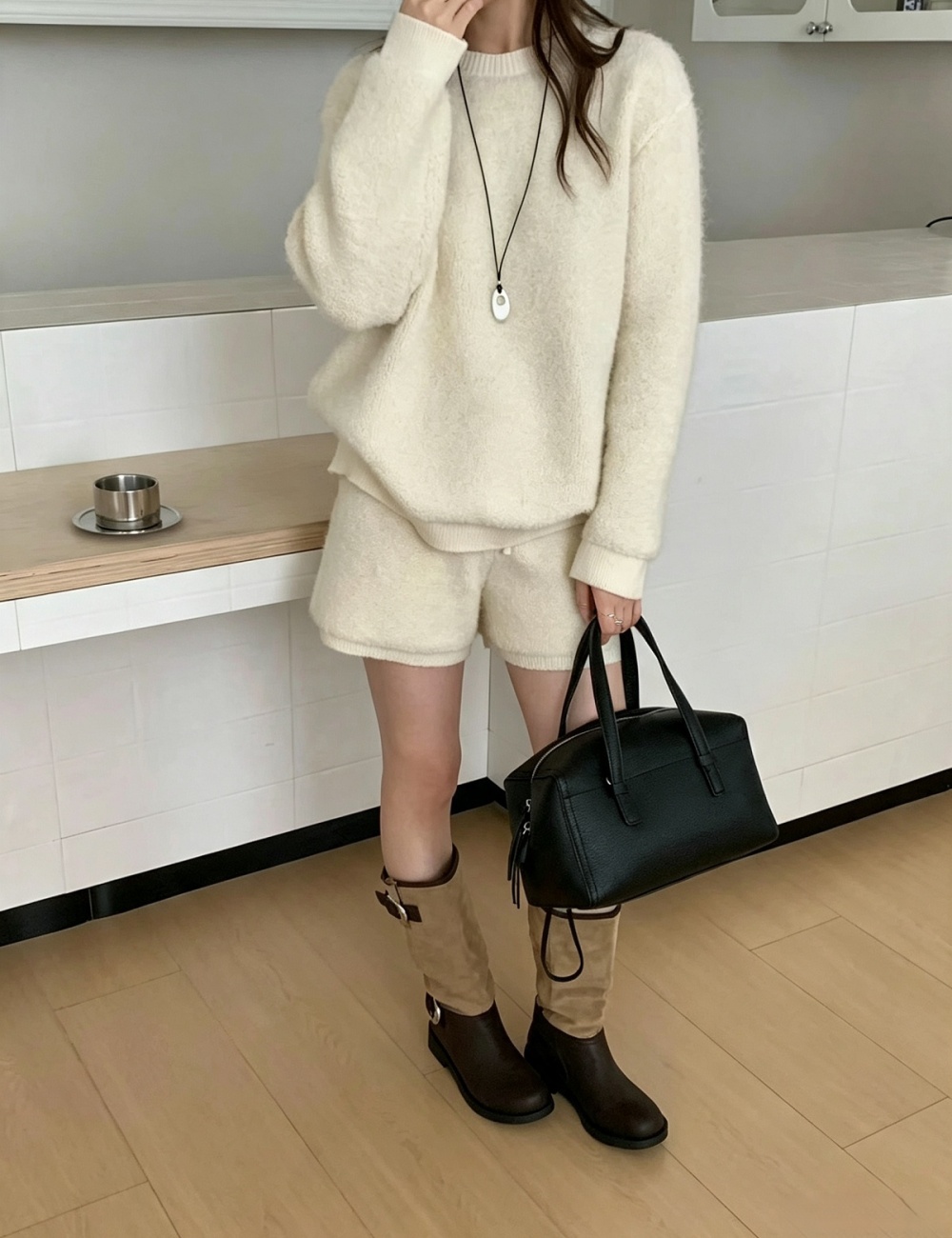 Korean style mohair shorts lazy sweater 2pcs set for women