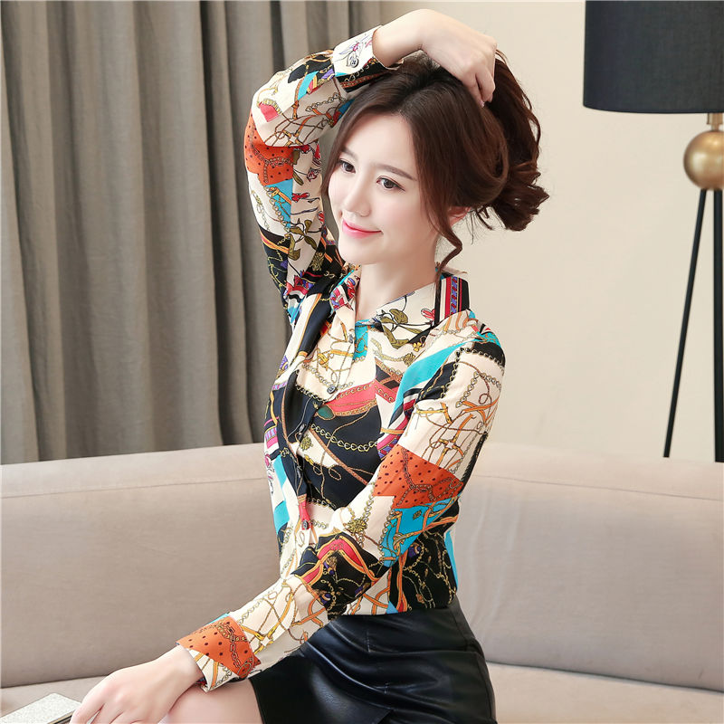 Long sleeve autumn lapel shirt slim printing tops