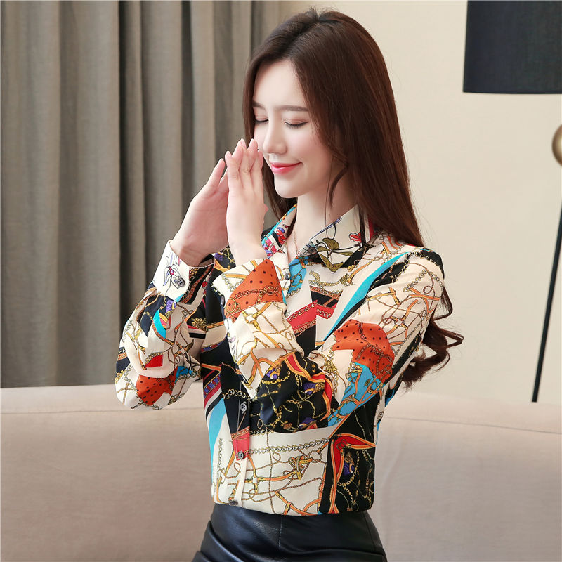 Long sleeve autumn lapel shirt slim printing tops