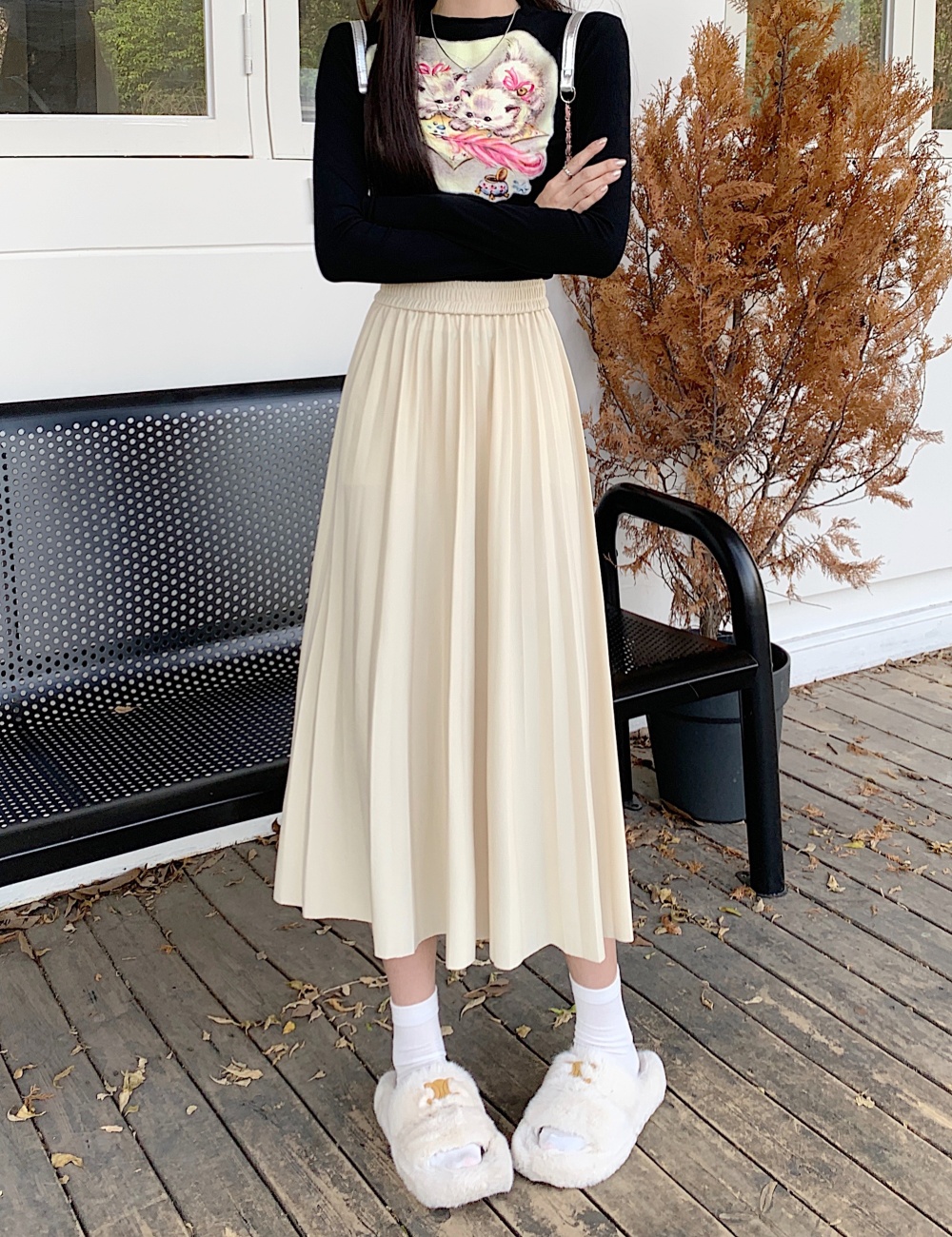 Slim fat high waist skirt autumn pleated long dress