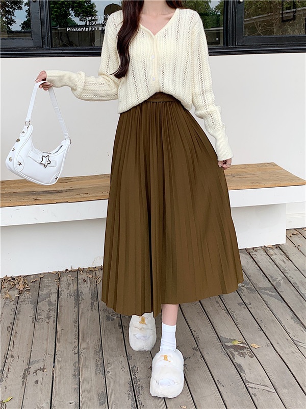 Slim fat high waist skirt autumn pleated long dress