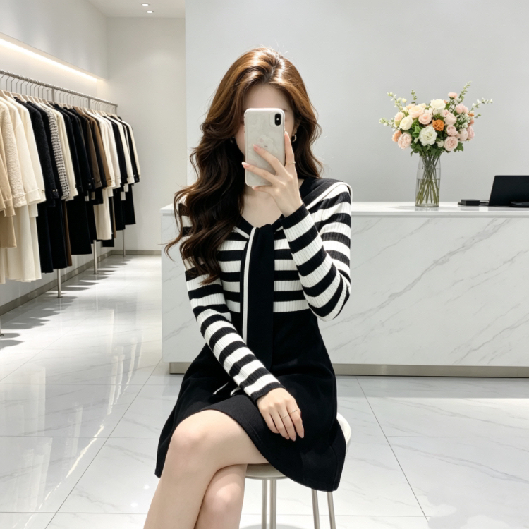 Knitted show young autumn temperament dress for women