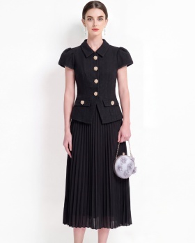 A-line temperament pinched waist pleated splice elegant dress