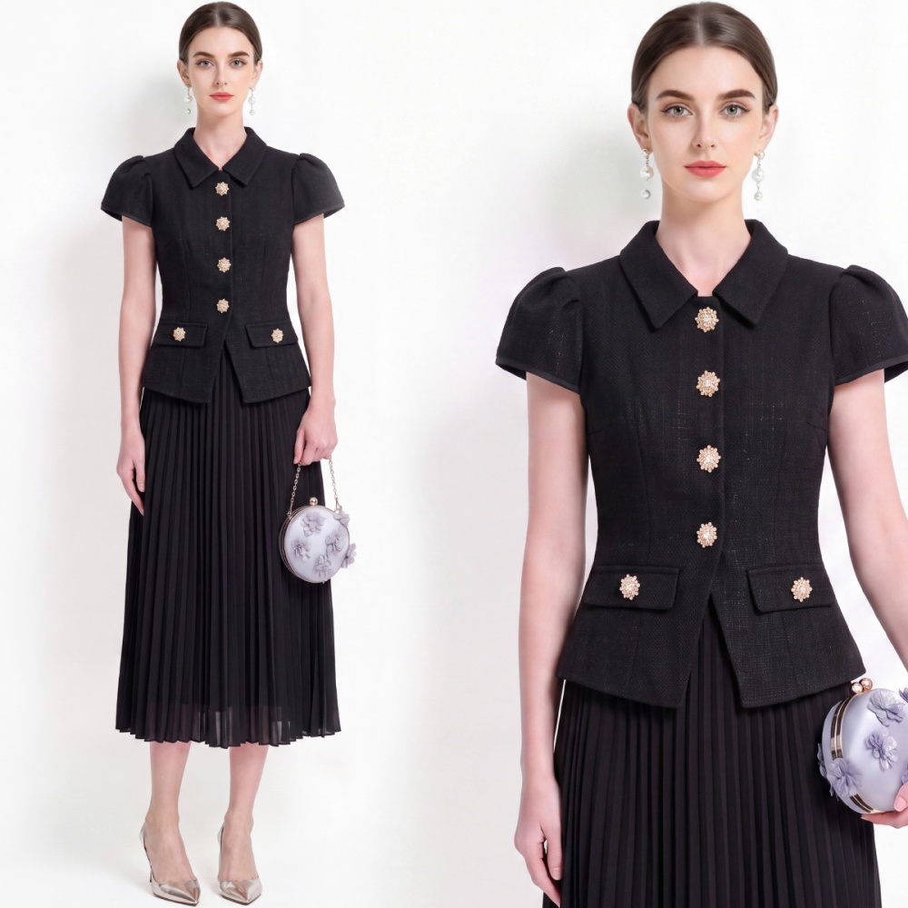 A-line temperament pinched waist pleated splice elegant dress