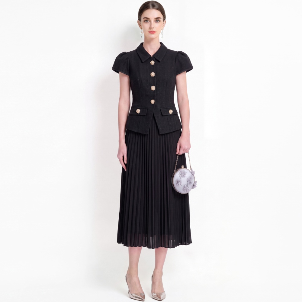 A-line temperament pinched waist pleated splice elegant dress