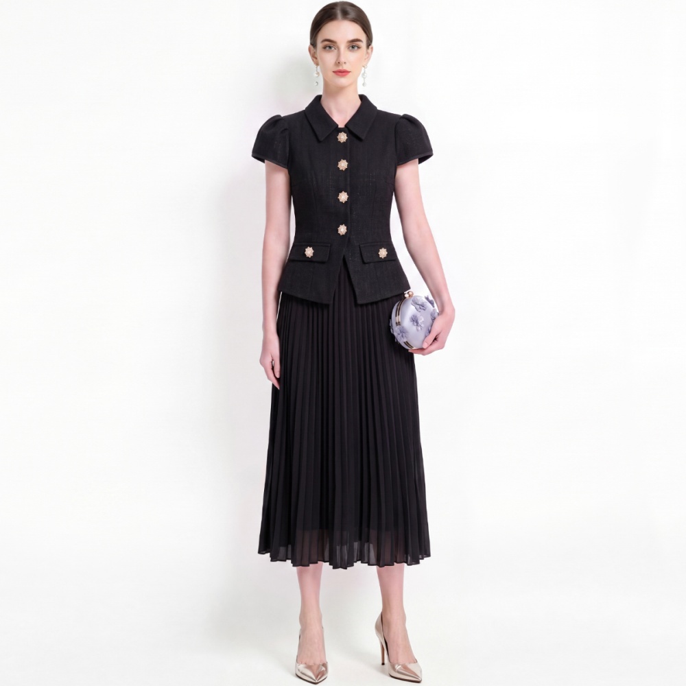 A-line temperament pinched waist pleated splice elegant dress