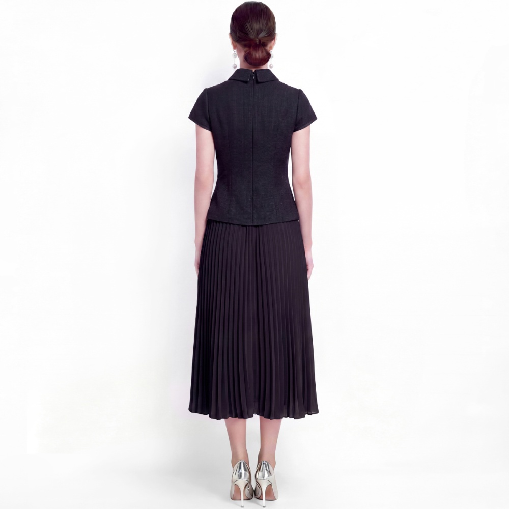 A-line temperament pinched waist pleated splice elegant dress