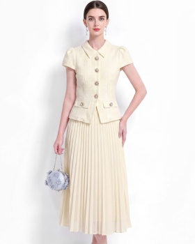 Single-breasted lapel slim splice pinched waist A-line dress