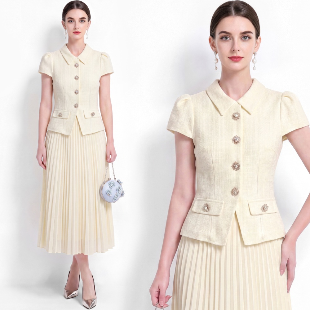 Single-breasted lapel slim splice pinched waist A-line dress