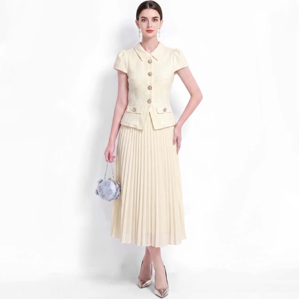 Single-breasted lapel slim splice pinched waist A-line dress