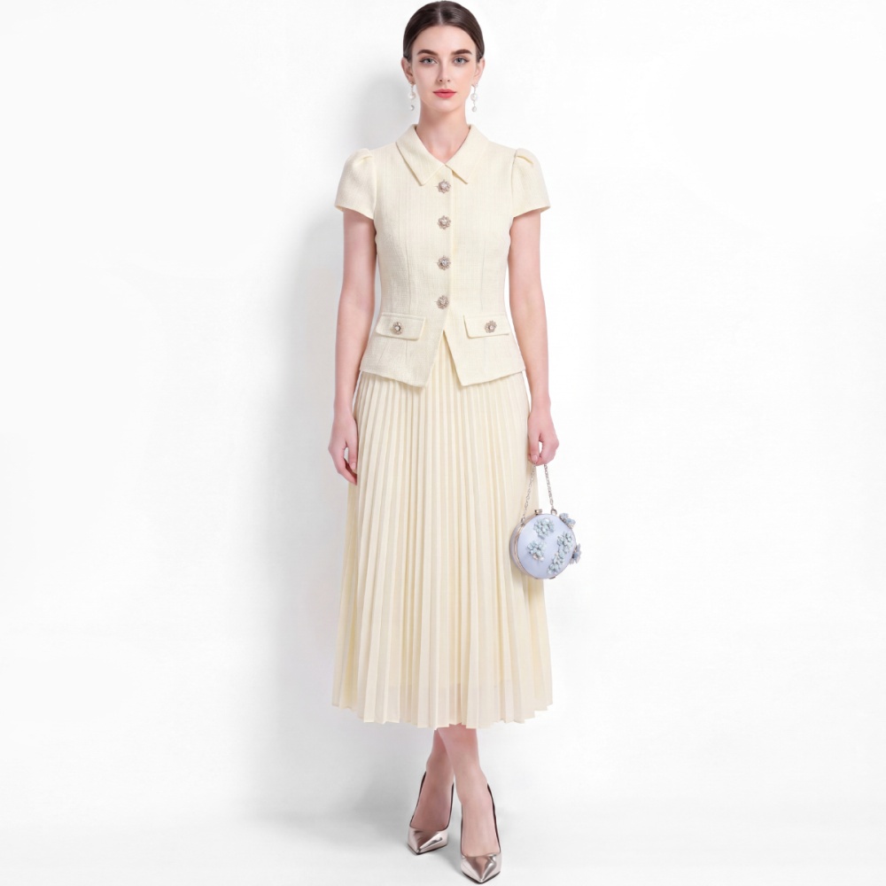 Single-breasted lapel slim splice pinched waist A-line dress