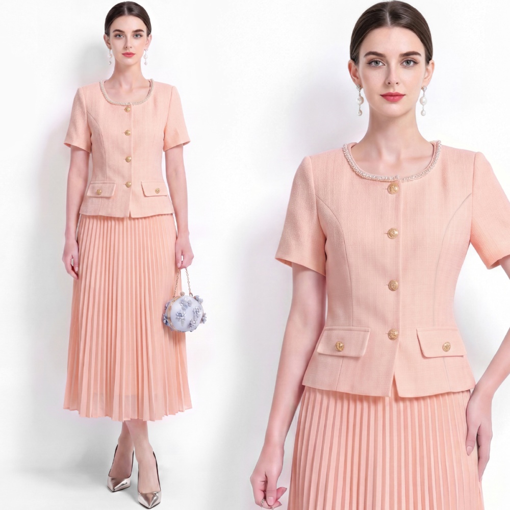 Pearl temperament tops round neck pleated skirt a set