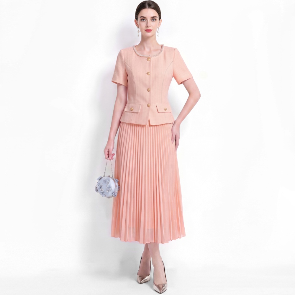 Pearl temperament tops round neck pleated skirt a set