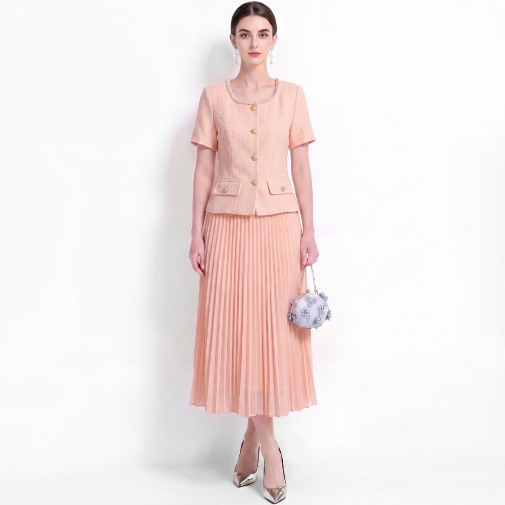Pearl temperament tops round neck pleated skirt a set