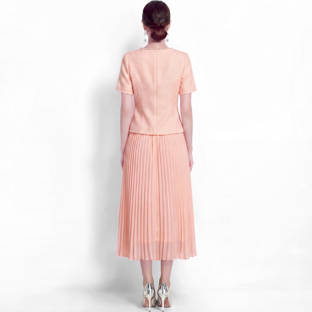 Pearl temperament tops round neck pleated skirt a set
