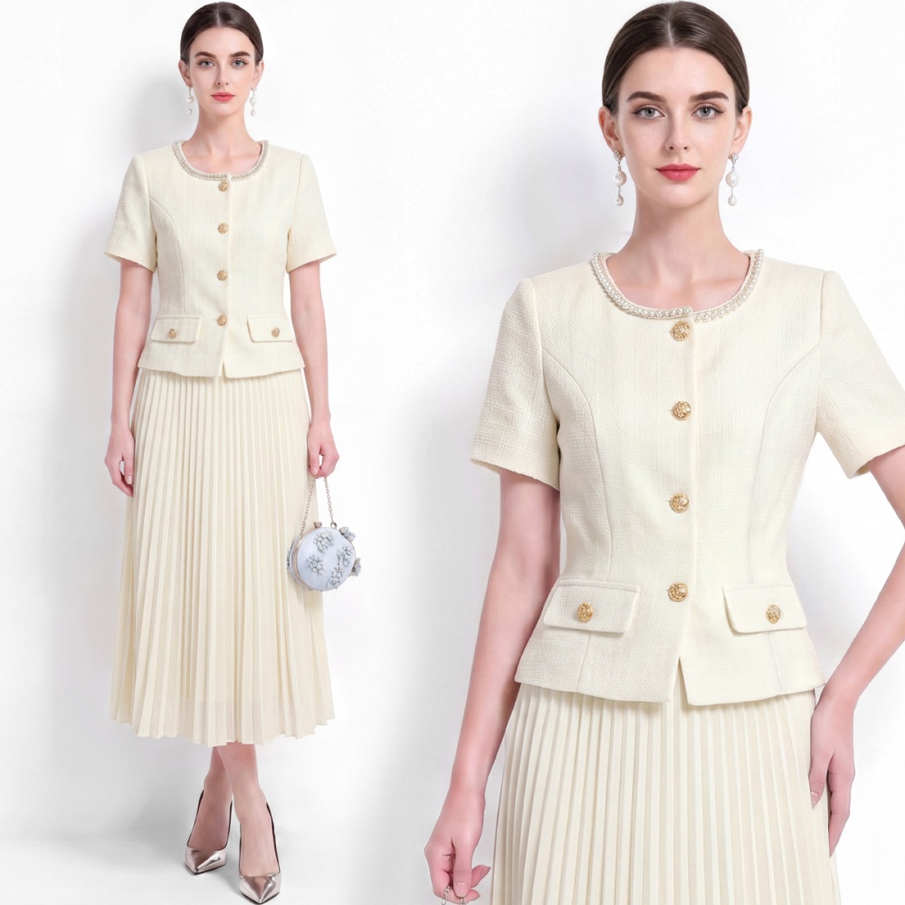 Slim pinched waist tops pearl light skirt a set