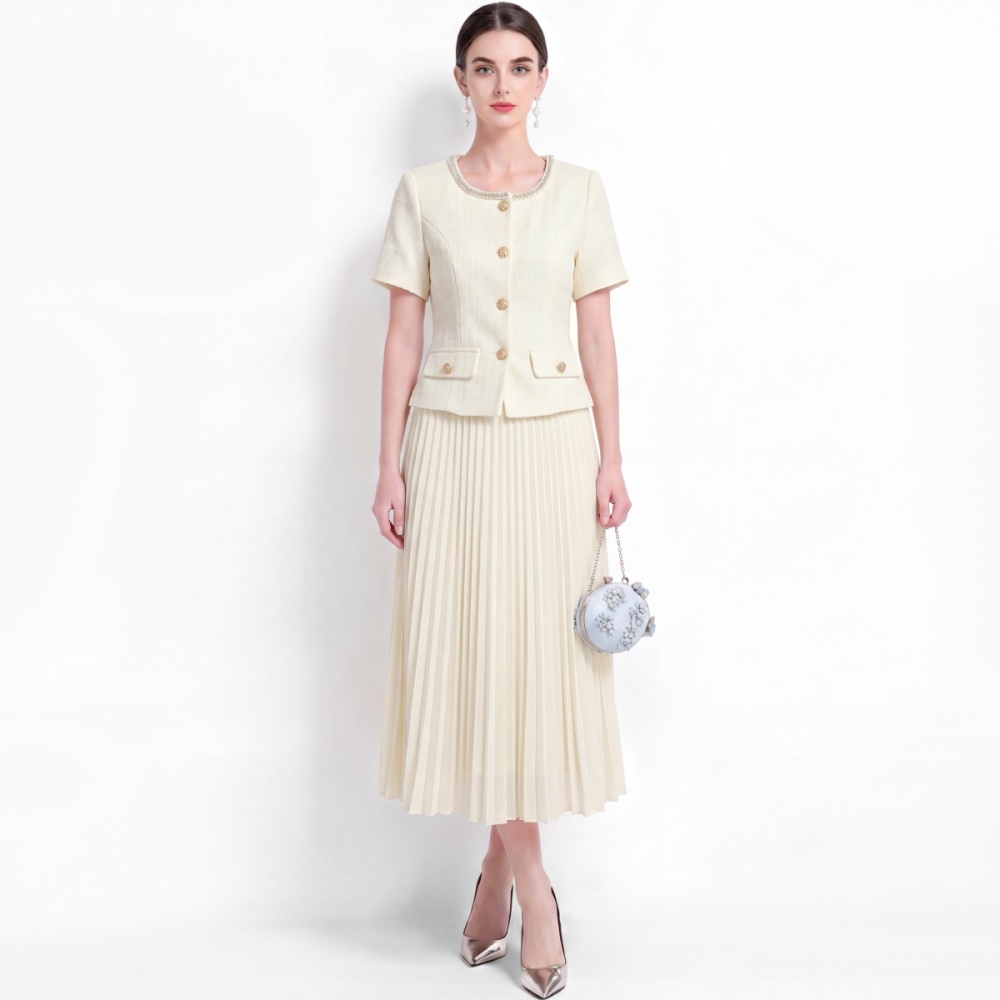 Slim pinched waist tops pearl light skirt a set