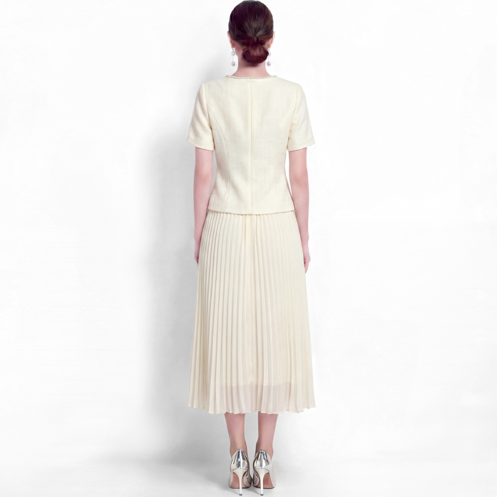 Slim pinched waist tops pearl light skirt a set
