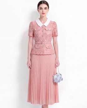 Lapel high waist pleated lace sweet style Pseudo-two dress
