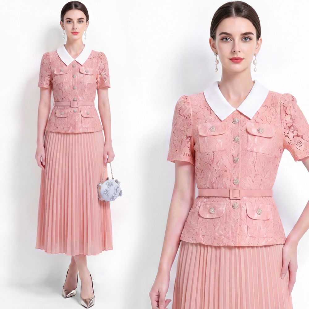 Lapel high waist pleated lace sweet style Pseudo-two dress