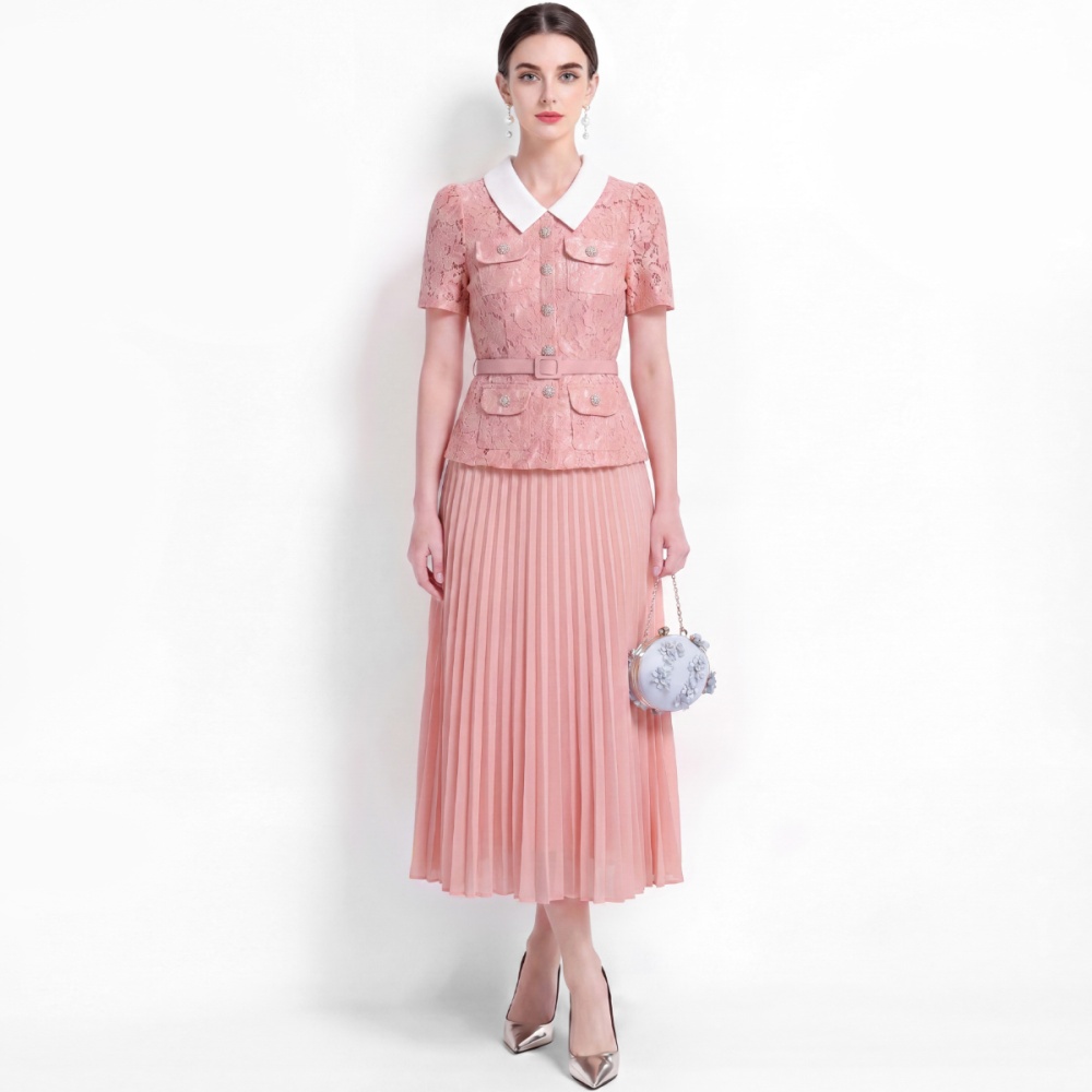 Lapel high waist pleated lace sweet style Pseudo-two dress