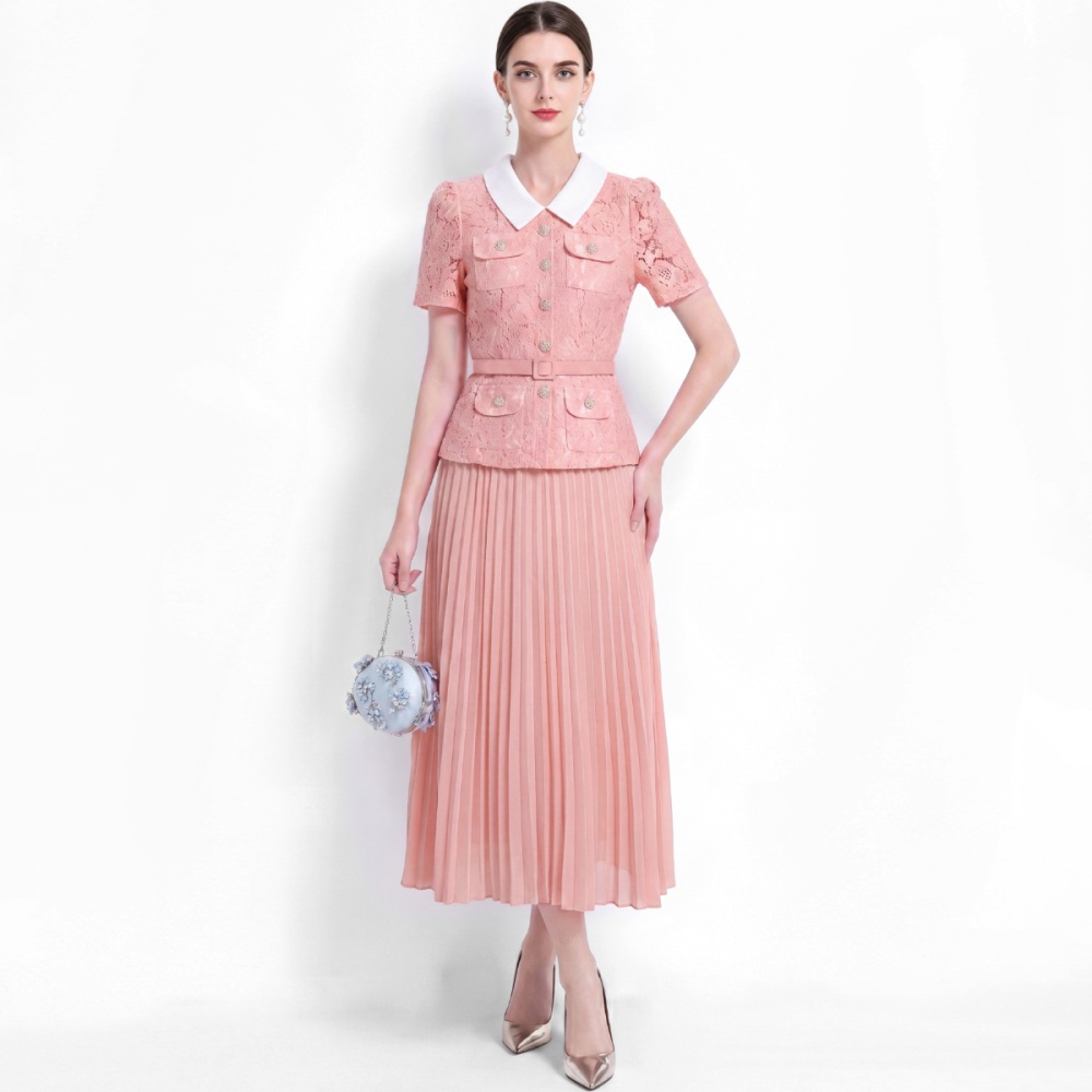 Lapel high waist pleated lace sweet style Pseudo-two dress