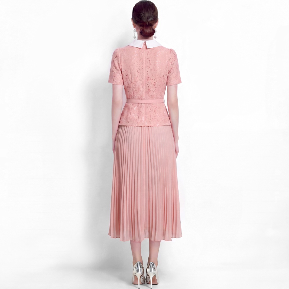 Lapel high waist pleated lace sweet style Pseudo-two dress