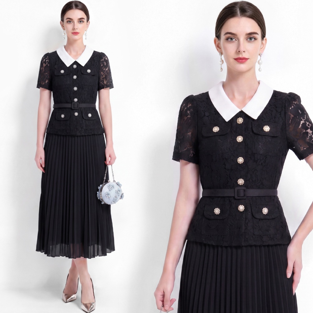 Slim long lace with belt sweet style France style dress