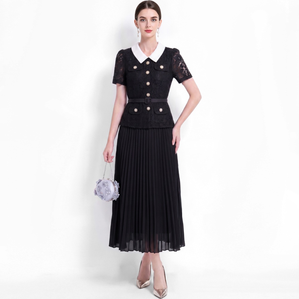 Slim long lace with belt sweet style France style dress