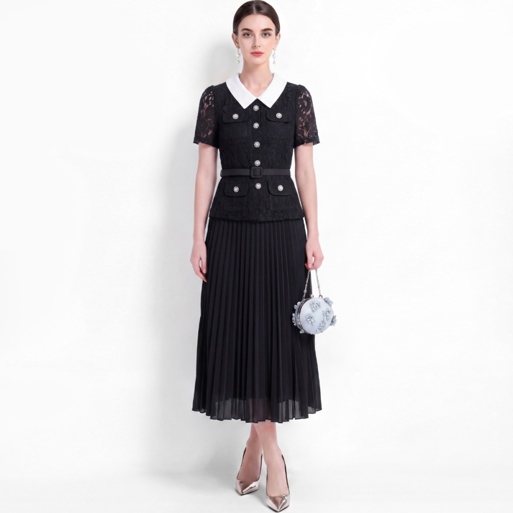 Slim long lace with belt sweet style France style dress