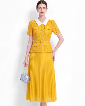 France style lace long high waist pleated lapel dress