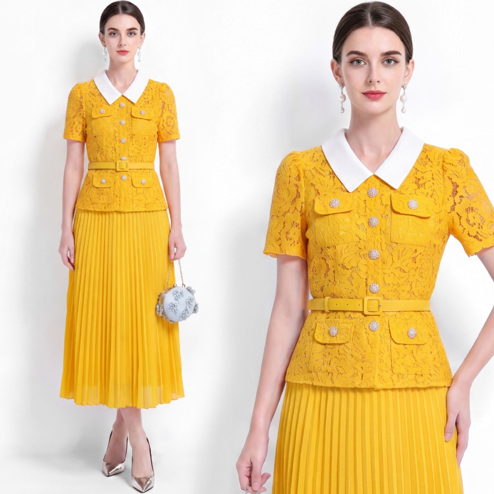 France style lace long high waist pleated lapel dress