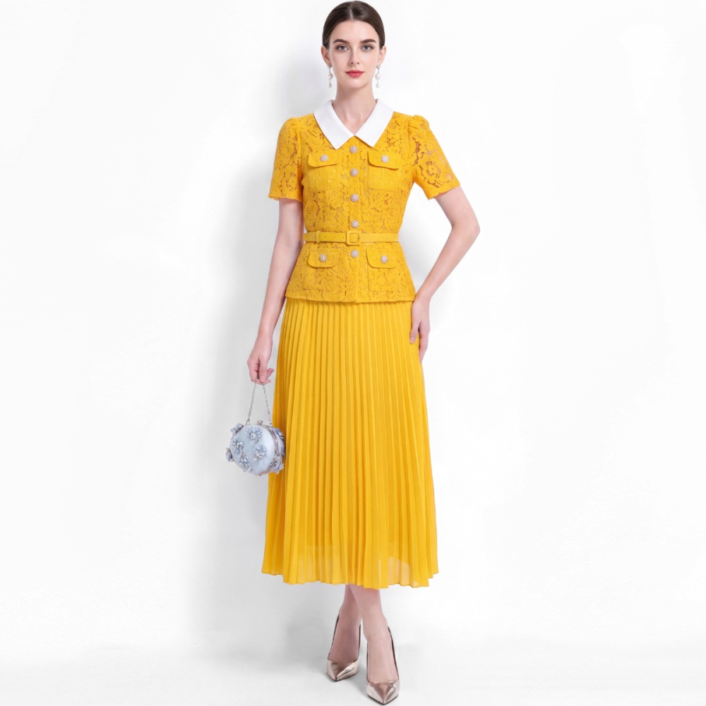 France style lace long high waist pleated lapel dress