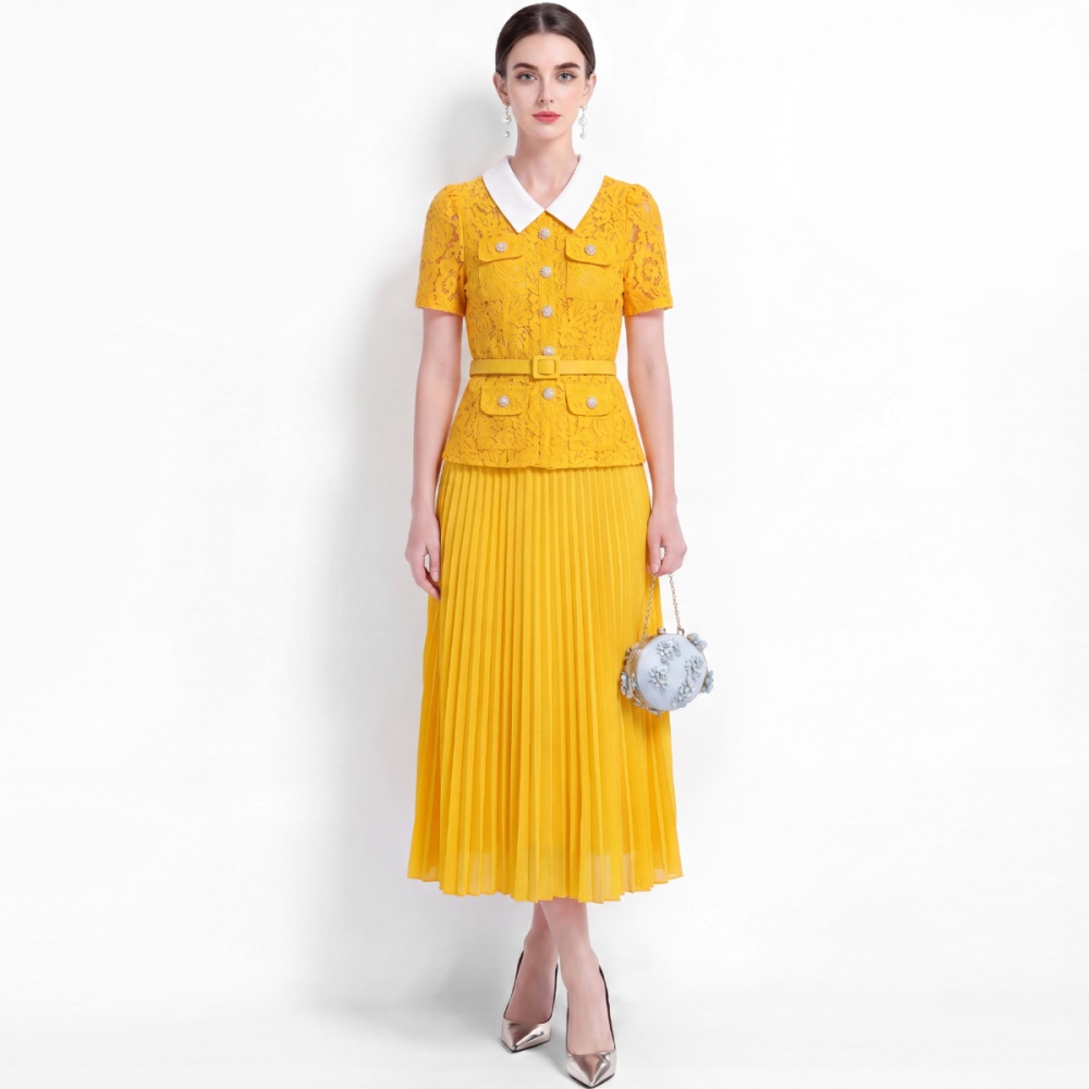France style lace long high waist pleated lapel dress