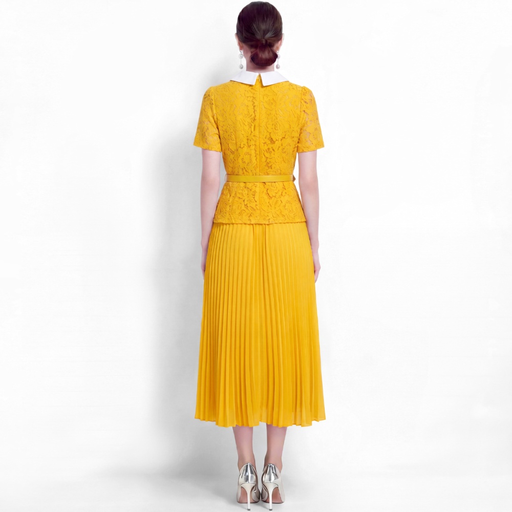 France style lace long high waist pleated lapel dress