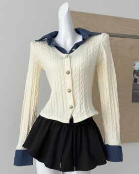 Splice colors knitted tops Pseudo-two unique cardigan