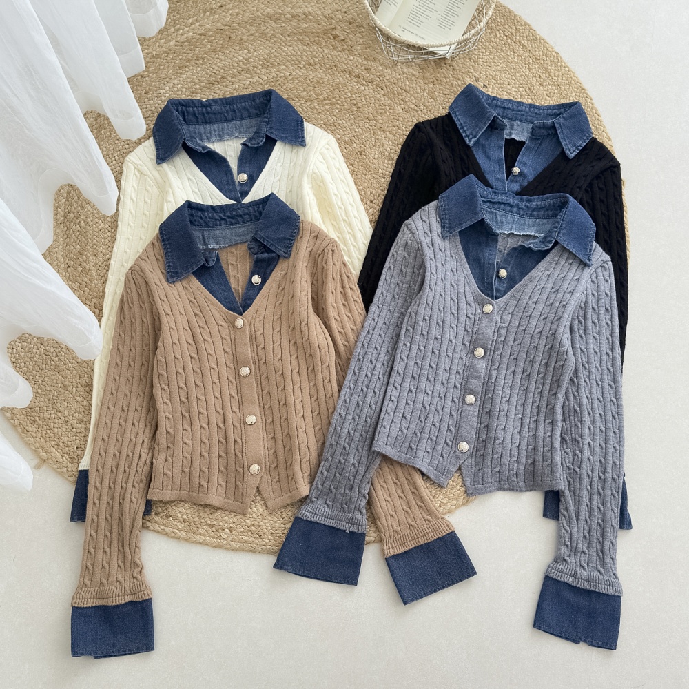 Splice colors knitted tops Pseudo-two unique cardigan