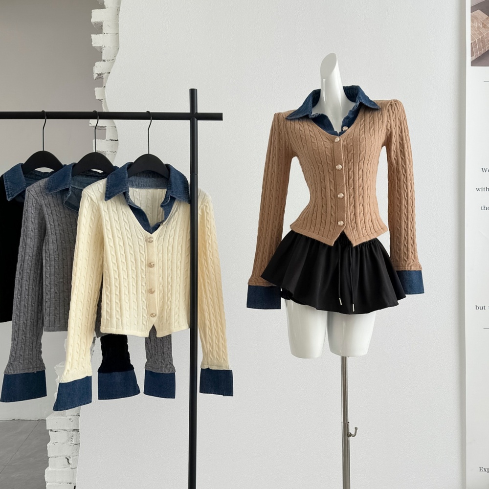 Splice colors knitted tops Pseudo-two unique cardigan