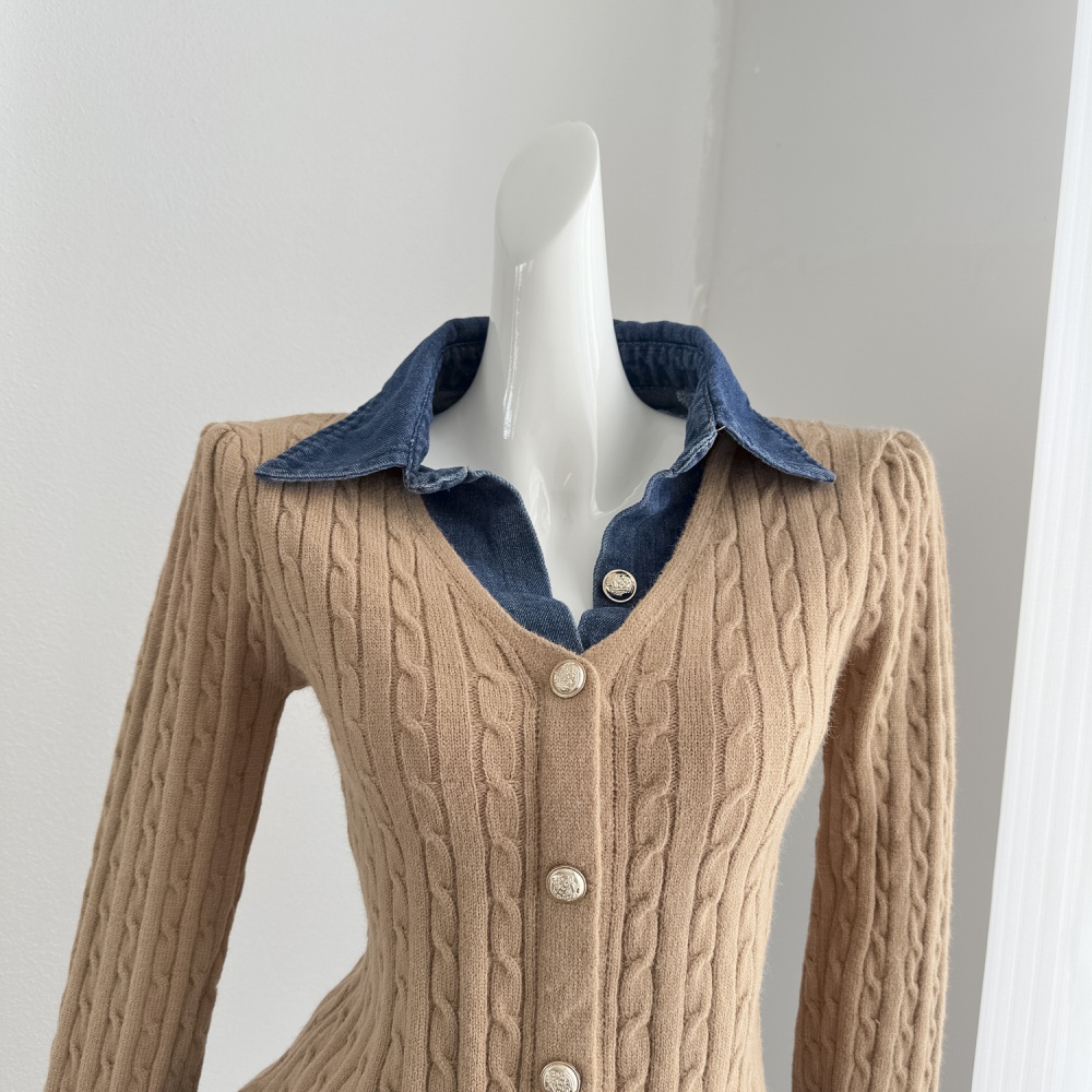 Splice colors knitted tops Pseudo-two unique cardigan