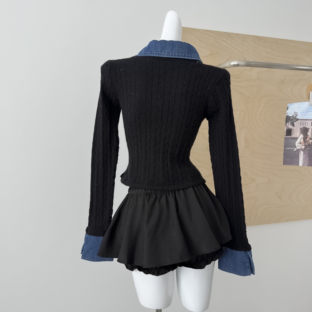 Splice colors knitted tops Pseudo-two unique cardigan