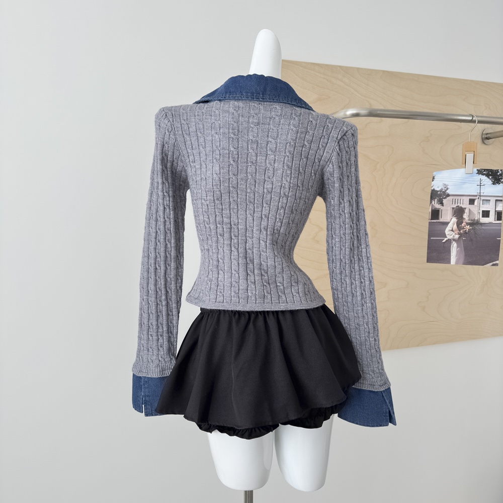 Splice colors knitted tops Pseudo-two unique cardigan