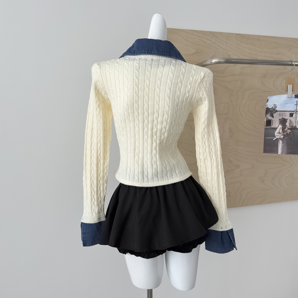 Splice colors knitted tops Pseudo-two unique cardigan